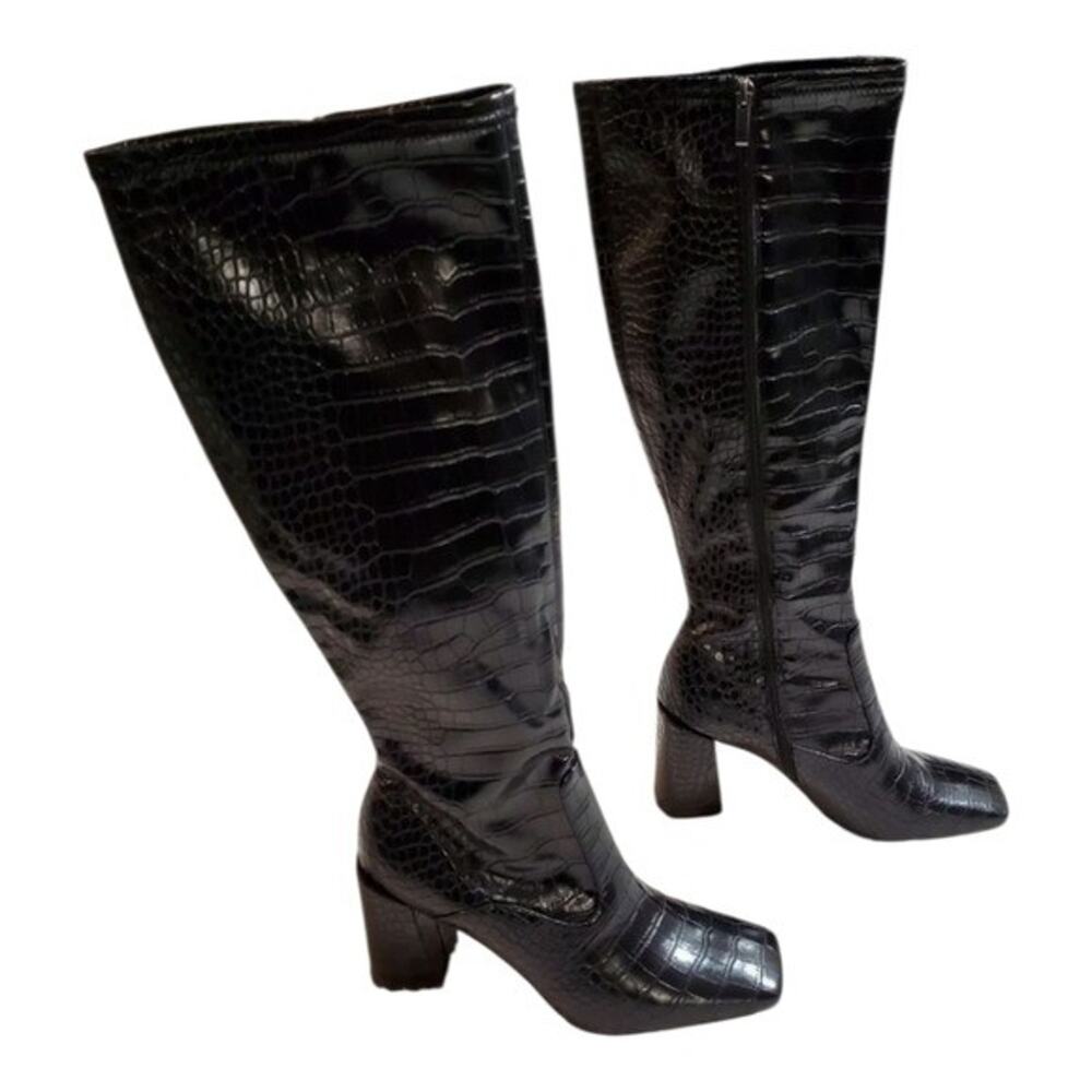Franco Sarto Black Croc Embossed Knee High Boots Square Toe Block Heel Boots